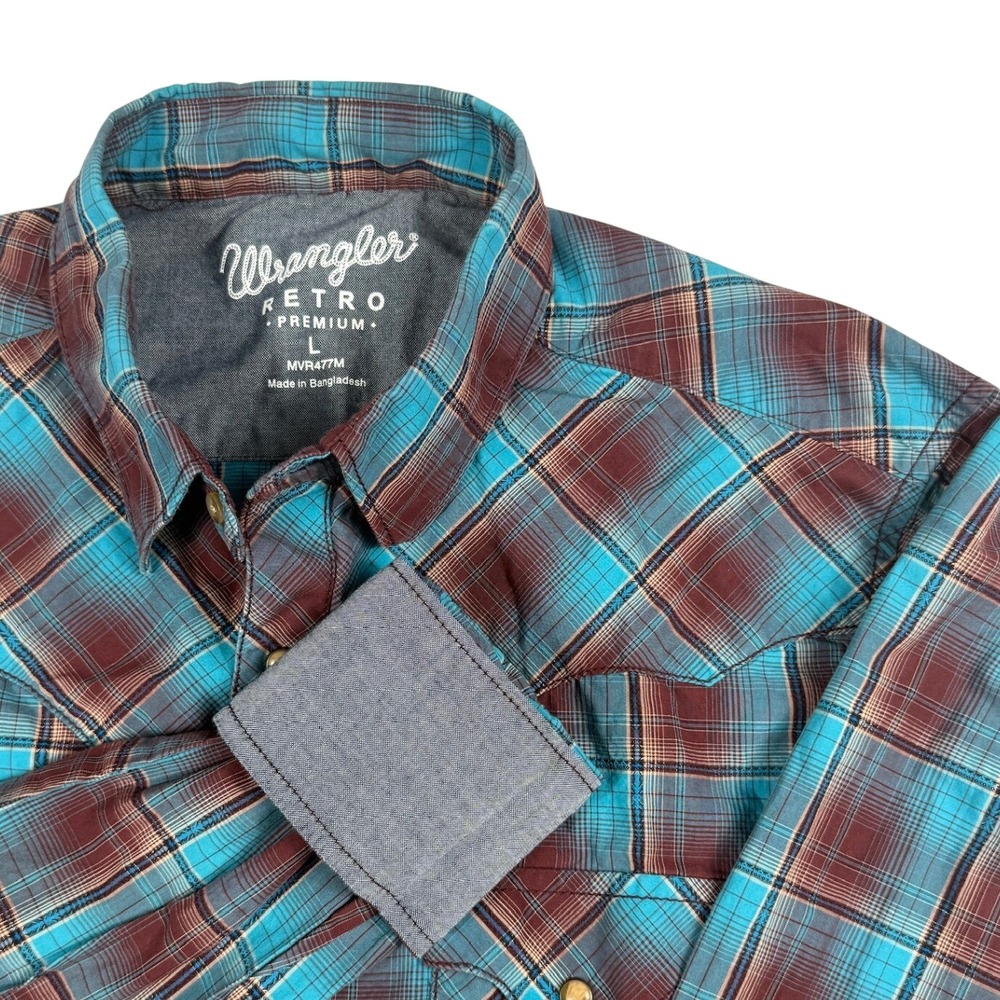 Wrangler Retro Premium Turquoise Burgundy Plaid Western Pearl Snap Shirt MVR477M